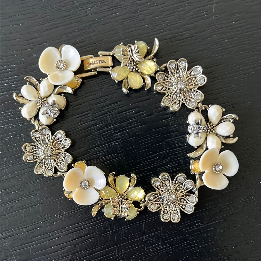 Vintage Napier Rhinestone Flowers Bees Butterfly Bracelet